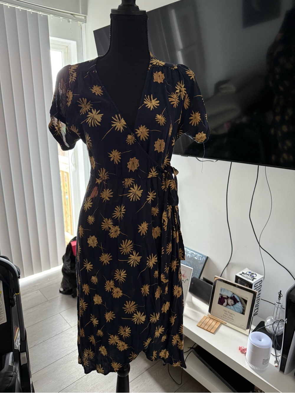 Urban Outfitters Black Wrap Midi Dress with Gold Floral Print